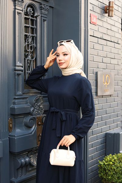 modessia ΓΥΝΑΙΚΕΙΟ Μπλε Navy Μακρύ Φόρεμα Hijab με Ζώνη gd0310