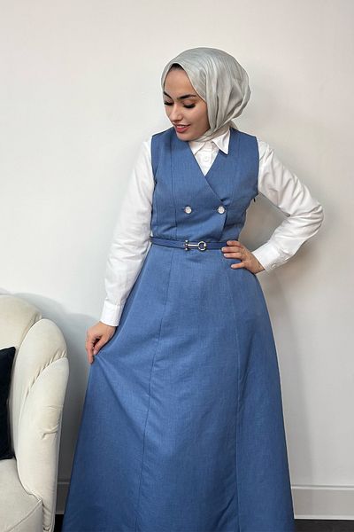 Tesettür Diyarı Μπλε γυναικείο φόρεμα με κουμπιά Jile