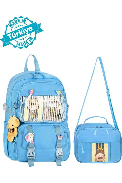 Niss Store Rucsac și geantă de prânz pentru școala primară în stil coreean Waddell Kawaii cu accesorii Albastru 25001