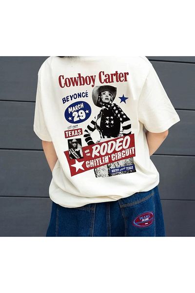 weywot Beyonce "Cowboy Carter" Album Front/Rear Printed Oversize Beige T-Shirt