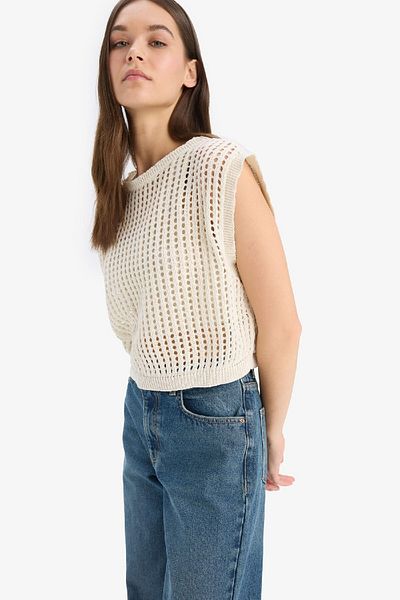 DeFacto Crop Knit Patterned Cotton Crochet Knitwear Sweater W7879Az25Sm