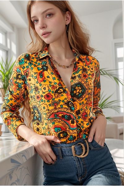 Cassime Women's Mustard Paisley Patterned Viscose Long Sleeve Shirt