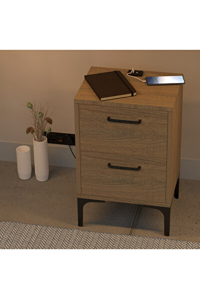 Mahmayi Modern Grey Oak End Table with USB Ports & Soft-Close Drawers for Living Room/Bedroom