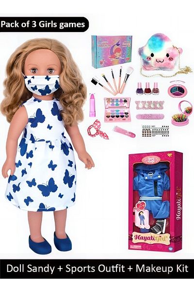 Taimi Pack of 3 Girls Games –Doll Sandy with Sports Outfit ,Girls Makeup