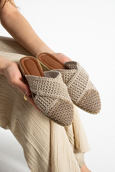 Moda Devrin Mink Knitted Cross Closed Women's Slippers Home and Outdoor Slippers