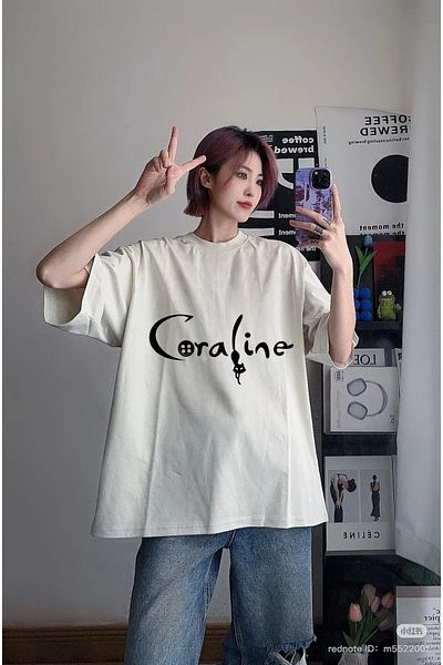 weywot Coraline Children Film Front/Rear Printed Oversize Beige T-Shirt