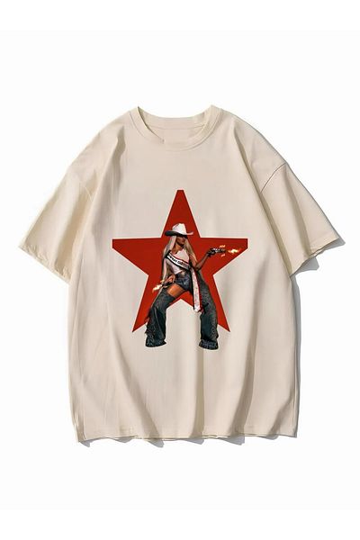 weywot Beyonce "Cowboy Carter" Album Front/Rear Printed Oversize Beige T-Shirt
