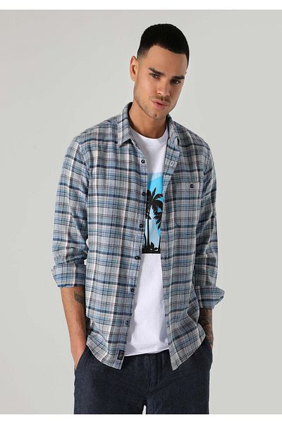 Colin's Синя мъжка риза Slim Fit - дълъг ръкав, карирана CL1059751