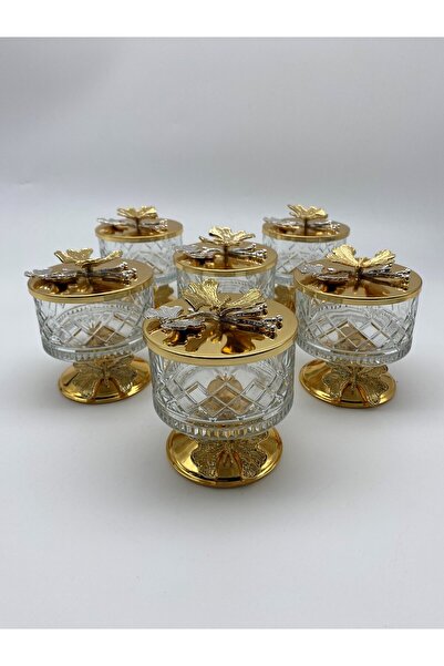 Fiyakalı Ürünler Atölyesi 6-Piece Gold Timeless Glass Magnolia Set - Freezer and Sugar Bowl with Butterfly Lid