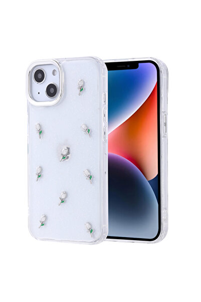 UnDePlus Apple iPhone 13 Kılıf Kabartmalı Kelebek-Kiraz-Çiçek Dizayn Şeffaf Kutup Kapak