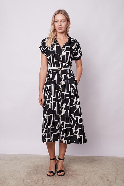 Jument Red Patterned Collar Off-Shoulder Double Sleeve Midi Dress - Black Pattern