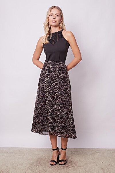 Jument Women's Patterned Chiffon Lined High Waist Belted Midi Length Below Knee Long Bell Skirt-Leopard