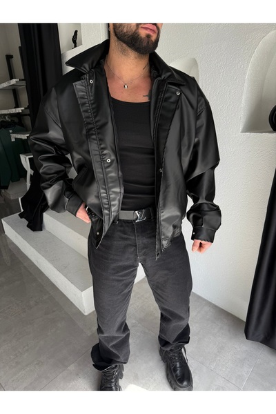 MerStore Oversize Vintage Erkek Siyah Deri Ceket