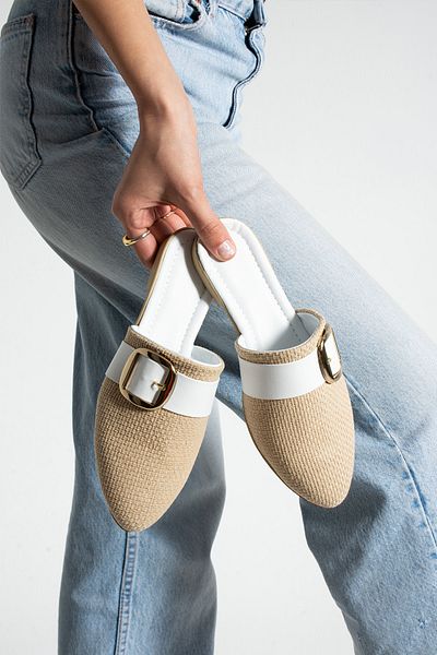 Moda Devrin Papuci de casă și de exterior pentru femei cu cataramă din iută albă