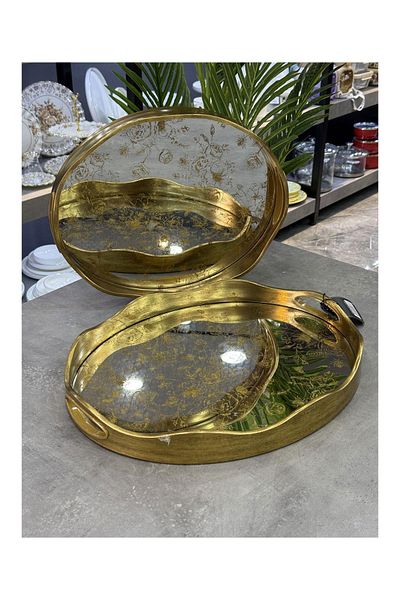 Doğudeko Polyurethane Luxury Acar 2 Li Mirrored Tray Oval V5