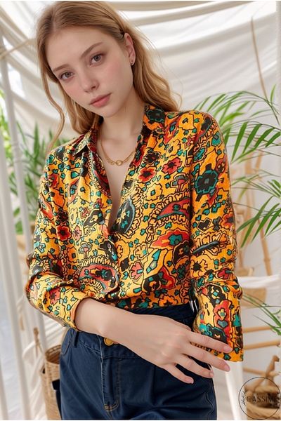 Cassime Women's Mustard Paisley Patterned Viscose Long Sleeve Shirt