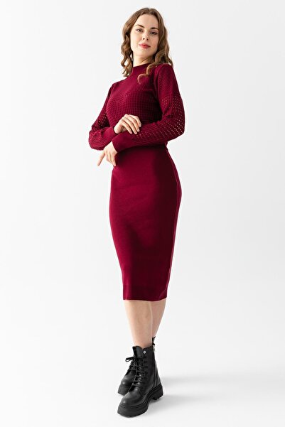 Irmak Kerekli Women's Burgundy Sweater Dress Bottom-Top Knitwear Set 11240