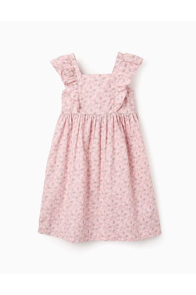 Ziddy Floral Cotton Dress with Ruffles for Girls, Pink