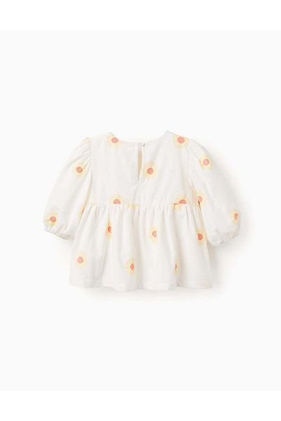 Ziddy Cotton and Linen Blouse with Flowers and Crochet for Girls, White