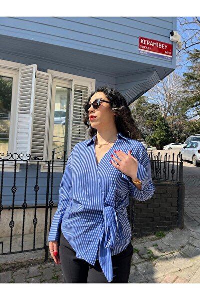 ANNAÇ MODA MAVİ BEYAZ ÇİZGİLİ /BAĞLAMALI GÖMLEK