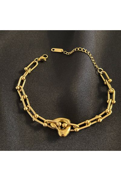 Zeyn Tffny Model Heart Detailed Gold Steel Bracelet