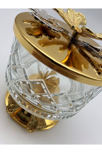 Fiyakalı Ürünler Atölyesi Gold Timeless Glass Magnolia - Butterfly Lid Ice Cream and Sugar Bowl with Snack