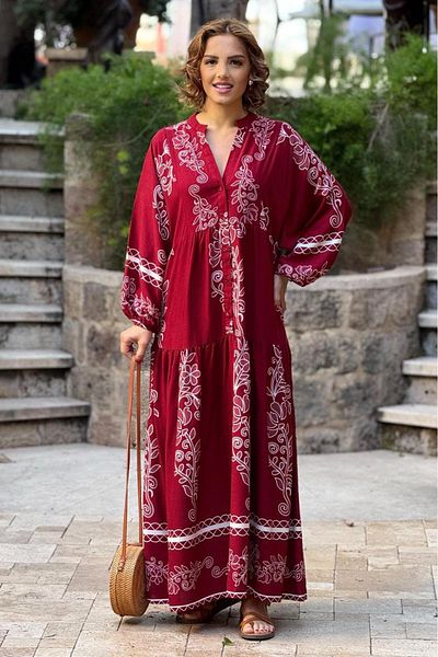 Nevin Kaya Moda Rochie din viscoză din bumbac 100% cu model anatolian burgundy