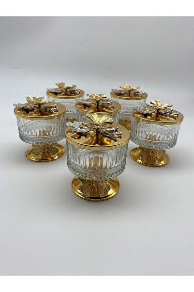 Fiyakalı Ürünler Atölyesi Gold Elysia 6-Piece Glass Magnolia Bowl - Butterfly Lid, Ice Cream Sugar Bowl and Snack Bowl
