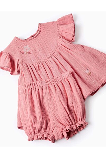 Ziddy Dress + Bloomers in Cotton Muslin for Baby Girls, Pink