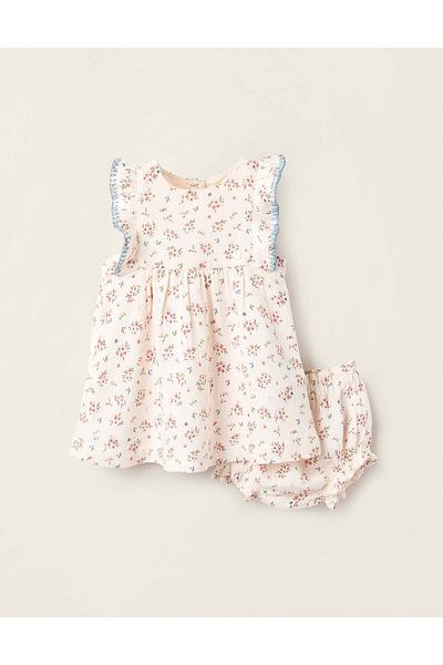 Ziddy Floral Dress + Bloomers Set for Newborn Girls, Beige/Blue