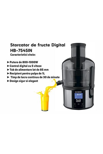 Hausberg Digitální odšťavňovač HB-7545IN, 800–1000 W, 85 mm, 1 l dužiny, 5 rychlostí, nerezová ocel, černá