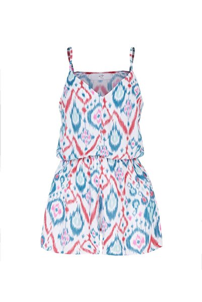 Eda Erdoğan Askılı Şort Tulum (kırmızı Su Yeşili Etnik Desen)