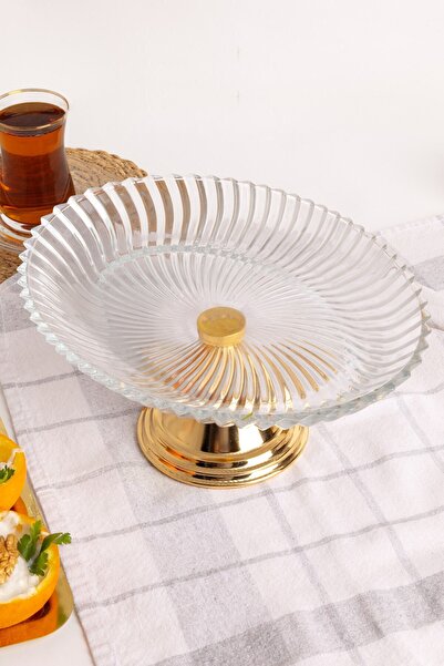 Fiyakalı Ürünler Atölyesi 2-Piece Gold Footed Oval Glass Presentation Bowl, Wrap, Stuffing, Salad, Fruit and Pastry Stand, Dowry Box