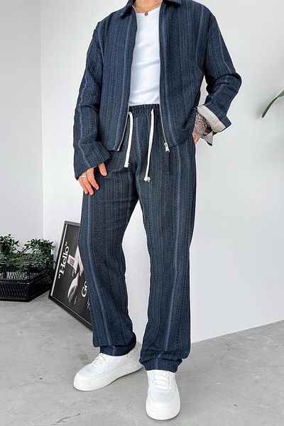 HAFKAGİYİM Navy Blue Ethnic Pattern Premium Adjustable Baggy Trousers