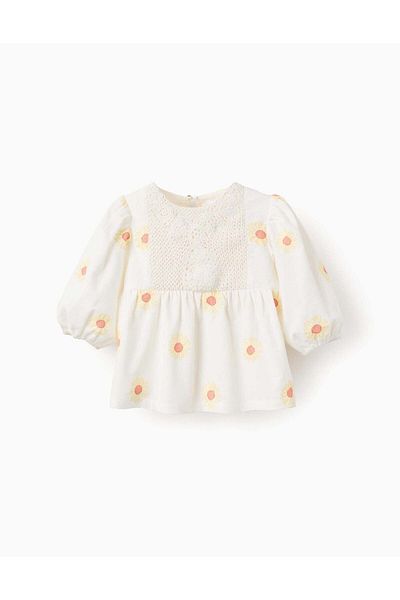 Ziddy Cotton and Linen Blouse with Flowers and Crochet for Girls, White