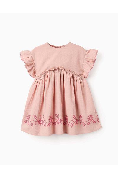 Ziddy Dress with Texture and Embroidery for Baby Girls, Pink