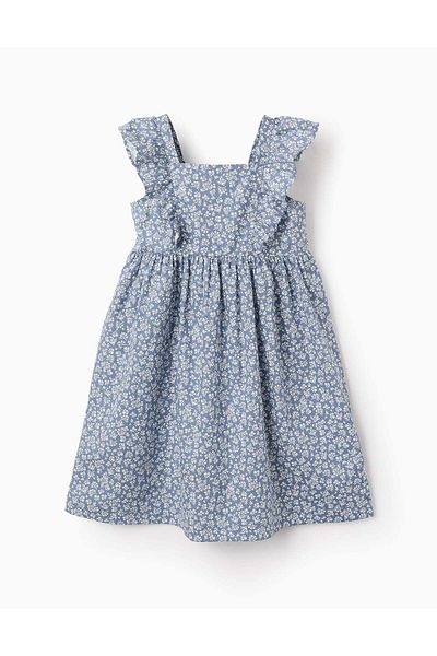 Ziddy Floral Cotton Dress with Ruffles for Girls, Blue