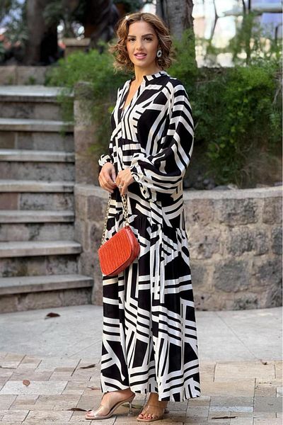 Nevin Kaya Moda Φόρεμα με μοτίβο μαύρο ραβδί 100% βαμβακερό βισκόζη