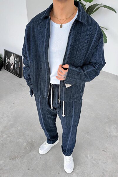 HAFKAGİYİM Navy Blue Ethnic Pattern Premium Adjustable Baggy Trousers