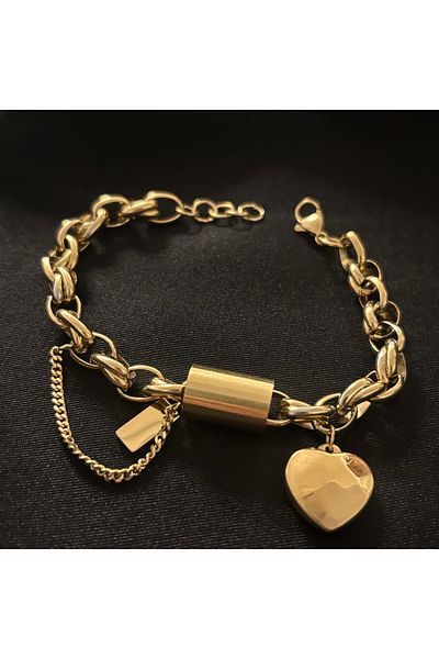 Zeyn Heart Detailed Chain Gold Steel Bracelet