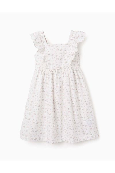 Ziddy Floral Cotton Dress with Ruffles for Girls, White