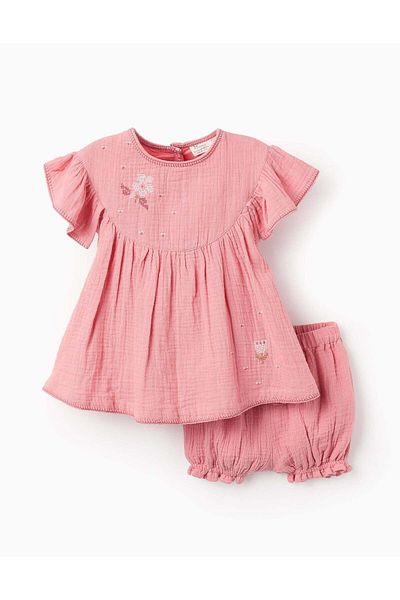 Ziddy Dress + Bloomers in Cotton Muslin for Baby Girls, Pink