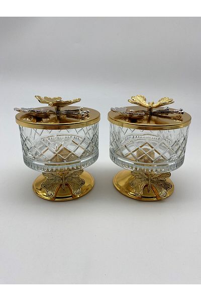 Fiyakalı Ürünler Atölyesi Gold Timeless Glass Magnolia 2-Piece Bowl - Butterfly Lid Ice Cream and Sugar Bowl