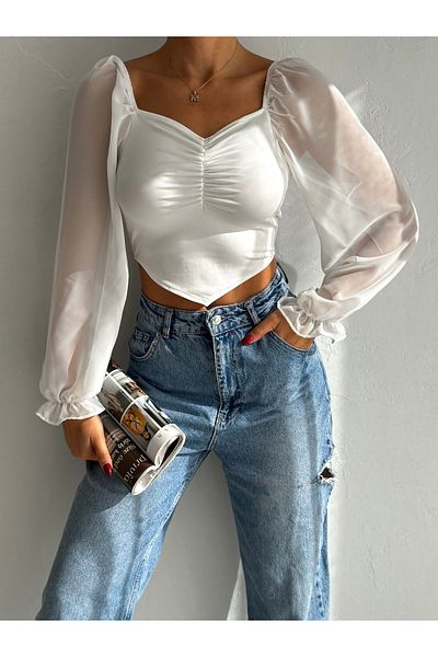 QUTTA Γυναικεία μπλούζα με λευκό σιφόν μανίκι Shirred Crop