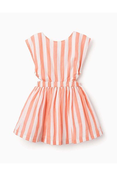 Ziddy Striped Cotton Dress for Girls, White/Orange
