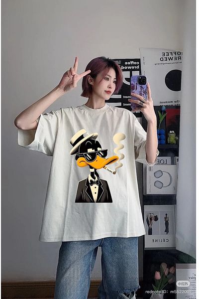 weywot Duck Special Design New Season Front/Rear Printed Oversize Beige T-Shirt