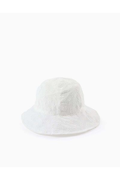 Ziddy Hat with Flower Embroidery for Baby Girls, White