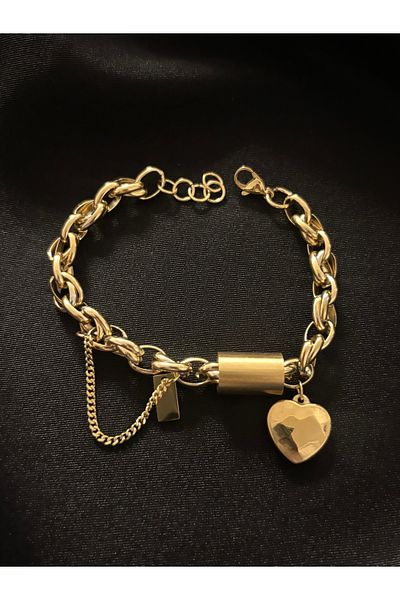 Zeyn Heart Detailed Chain Gold Steel Bracelet
