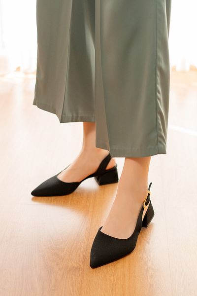 DİVOLYA Aura Black Matte Satin Side Buckle (4 cm Heel Length) Pointed Toe Heeled Ballerina Shoes