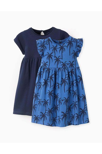 Ziddy Pack of 2 Cotton Dresses for Baby Girls 'Palm Trees', Blue